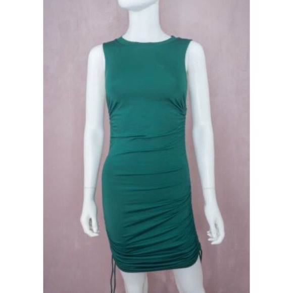 Superdown Dress Green Cory Ruched Sides Crewneck Small Bodycon Midi - Picture 1 of 8